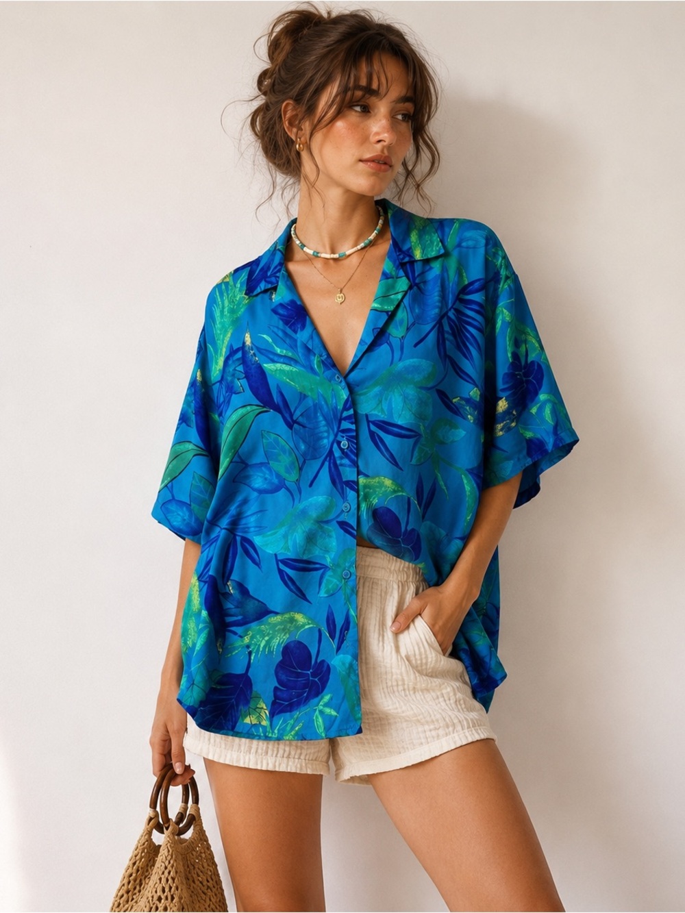 2/$20 - Vintage 90s Blue Hawaiian Tropical Palm Print Blouse by Passports